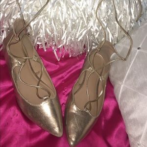 GOLD LACE UP FAUX LEATHER POINTED TOE FLATS